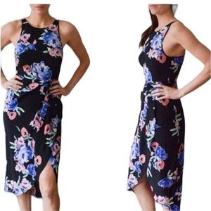 Yumi Kim Black Silk Floral Racer Back Sleeveless Midi Dress Size Medium New